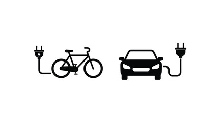 Black and white vector graphic illustration depicting an electric bicycle and car charging concepts side by side