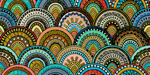 Fototapeta premium Colorful abstract pattern with overlapping semicircles and intricate details