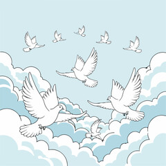cartoon illustration of a dove flying in the sky with clouds © wahyu
