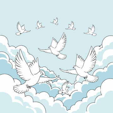cartoon illustration of a dove flying in the sky with clouds
