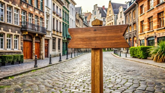 A wooden signpost with a map of Brussels in the background stands alone on a cobblestone street