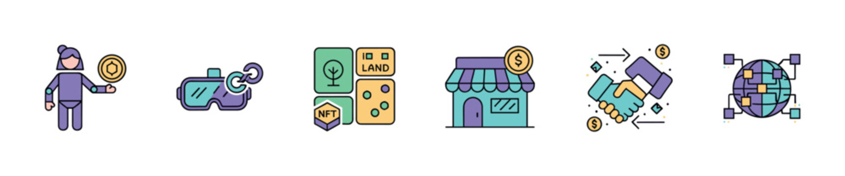 Metaverse digital assets and virtual reality icons represent the future of online commerce and blockchain technology.