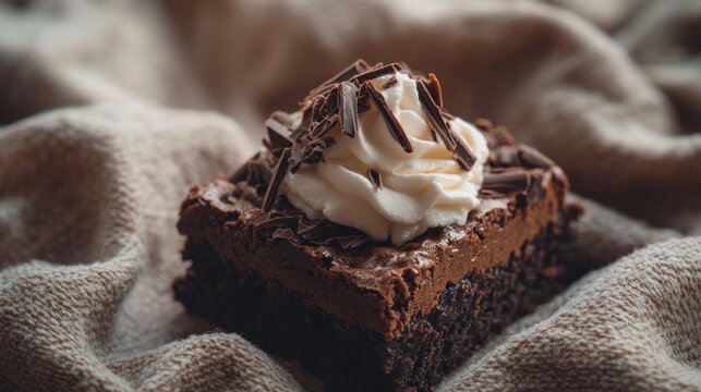 Delicious chocolate mousse cake square with whipped cream and chocolate shavings on a textured fabric.