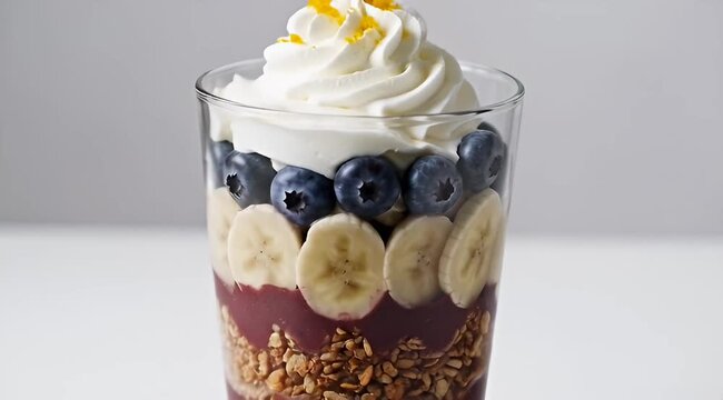 Delicious fruit and granola parfait with whipped cream in clear glass