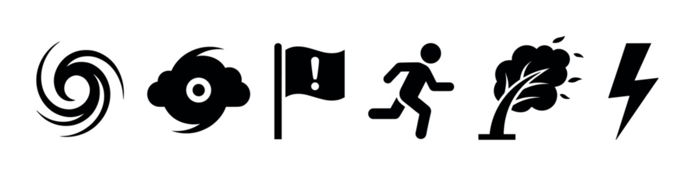 Natural disaster warning icons set illustrating severe weather conditions, emergency alerts, and safety precautions.