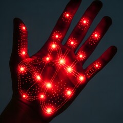Illuminated hand with red led lights and connecting dots in the dark
