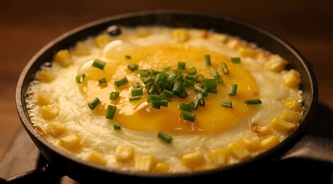Delicious sunny side up egg dish in a pan topped with chives and corn