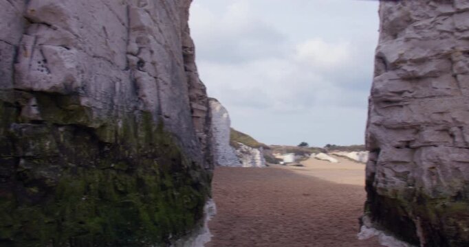 Wide 360 panning shot in between chalk stacks at botany Bay Beach at low tide. At marine Drive, Broadstairs