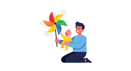 A man kneeling and holding a baby while grasping a colorful pinwheel on a white background with a playful mood.