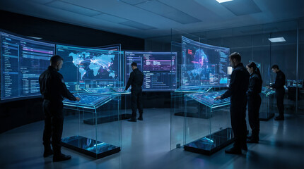 Fototapeta premium A team of professionals monitors global data and cybersecurity threats using advanced holographic interfaces in a high-tech control room.