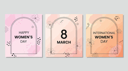 Happy international womens day greeting cards with floral designs and text on colorful backgrounds © Saharia