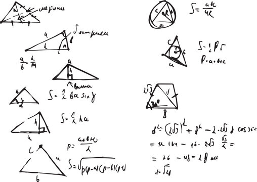 Drawings of different triangles. Geometric problems. Math and homework.
