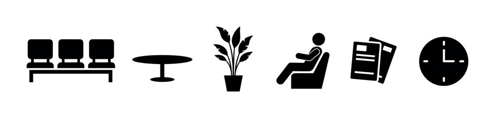 Naklejka premium Waiting room elements icons set illustrates various objects and activities associated with patient waiting areas.