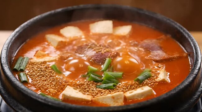 Close up of Korean kimchi stew or kimchi jjigae simmering in earthenware