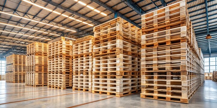 Wooden pallets stacked in a warehouse