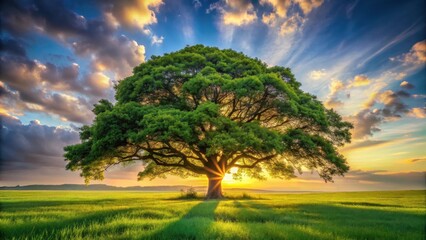 Fototapeta premium Majestic bitg tree standing alone in lush green grass field with warm sunlight filtering through leaves