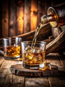 Pouring whiskey into a glass filled with ice at a rustic distillery