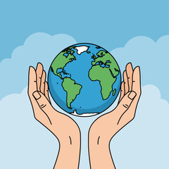 Fototapeta premium Hands holding Earth against blue sky for sustainability