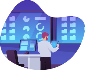 Naklejka na ściany i meble A man with a tablet near server equipment and a desktop in a data center.