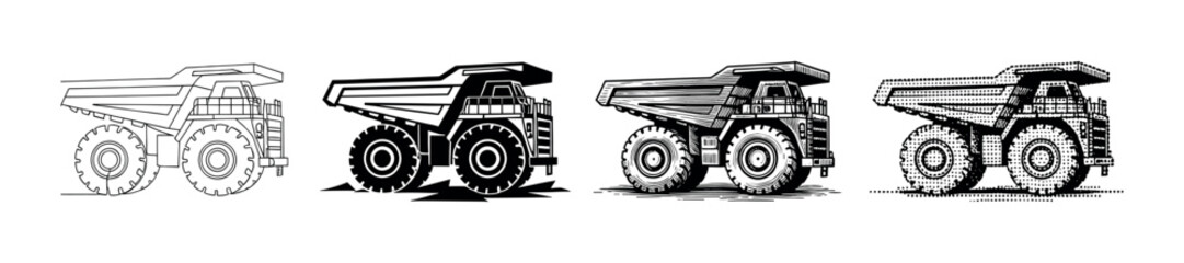 Obraz premium Collection of heavy industrial dump truck illustrations showcasing various black and white graphic styles.