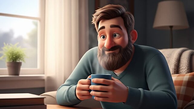 A bearded man enjoying a warm drink in a cozy living room.