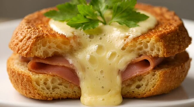 Close up of a delicious Croque Madame sandwich with cheese