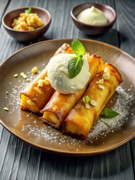 Crispy Turon on a plate with Saba bananas and coconut ice cream