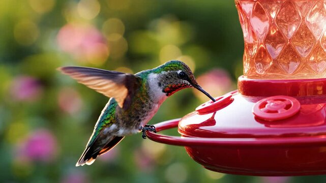 Close-up of Ruby-throated Hummingbird drinking nectar from a red feeder in a garden.