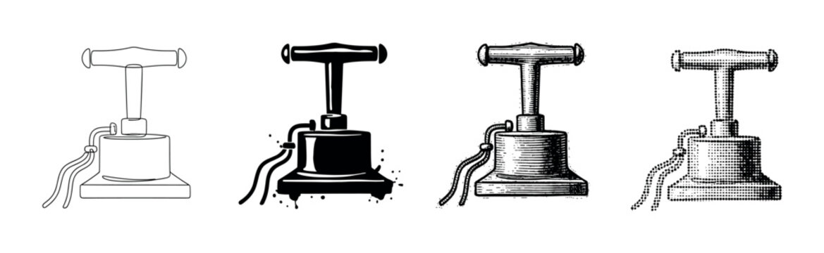 Vintage blasting machine detonator plunger device illustration set, rendered in various artistic styles including outline, solid, engraved, and halftone.