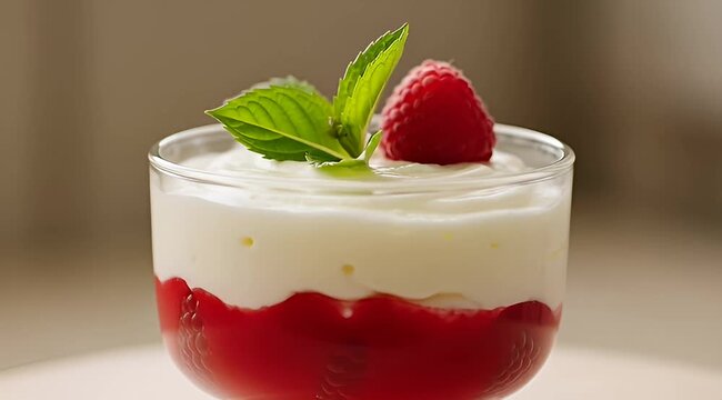 Delicious raspberry dessert in a glass with creamy layer and mint garnish