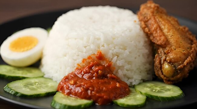 Delicious Nasi Lemak with Fried Chicken, Egg, Sambal and Cucumber Slices
