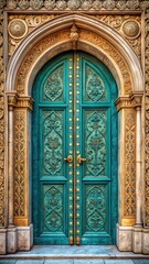 Intricate gold details adorn an ornate door set within a majestic teal stone archway