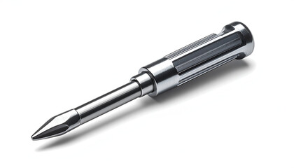 A chrome screwdriver with a slotted head, lying on a white background with a shadow