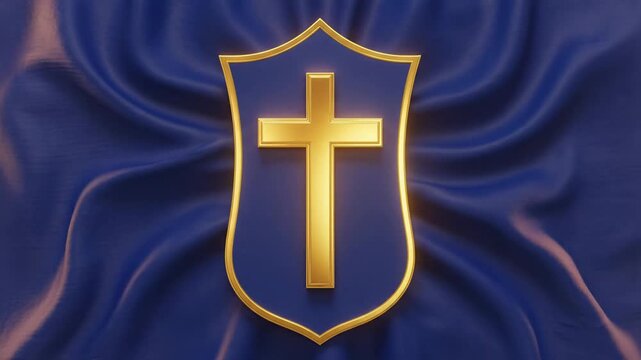 Golden Christian Cross on Blue Wavy Fabric Background - Religious Symbol