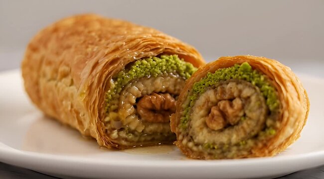 Delicious homemade walnut baklava roll with pistachios, honey, and crispy phyllo dough