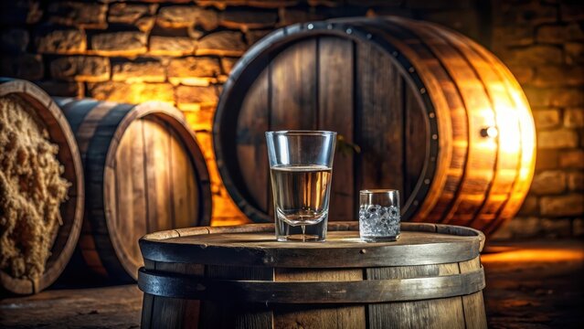 A glass of clear vodka sits on a wooden barrel in a dimly lit cellar with old barrels and casks scattered around