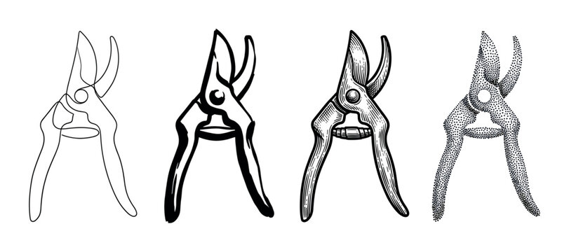 Garden pruners secateurs tools set in various artistic styles for gardening and horticulture projects.