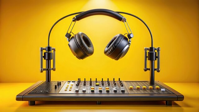Digital mixing console with headphones and microphone suspended in mid-air on a vibrant yellow background