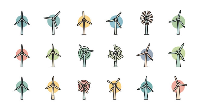 Aesthetic wind turbines assortment, featuring a variety of energy-generating designs