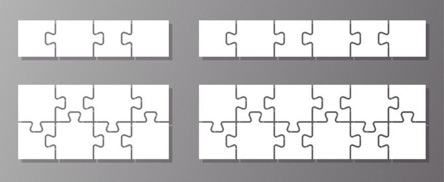 Jigsaw puzzle piece collection in different sizes. Set of 4 template with outline for game, infographic, educational design. Vector jigsaw picture texture. Puzzle grid business chain editable stroke