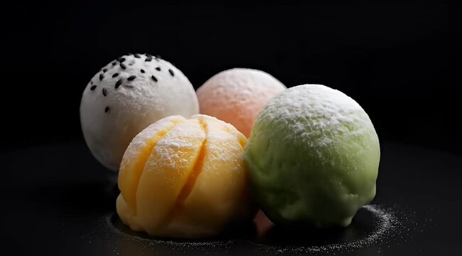 A delectable assortment of colorful mochi ice cream on a dark background