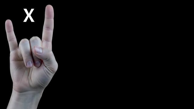 Rock on hand gesture with letter X on black background, music, celebration, fun