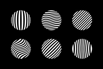 Set of Circle Striped White Design Elements on Black Background. Abstract Round Icons.