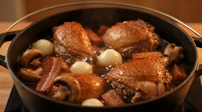Delicious Coq au Vin simmering in a Cast Iron Dutch Oven