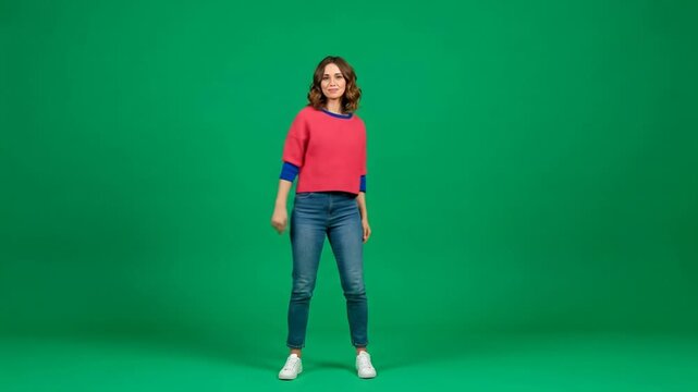 Young woman dancing and celebrating on green screen background