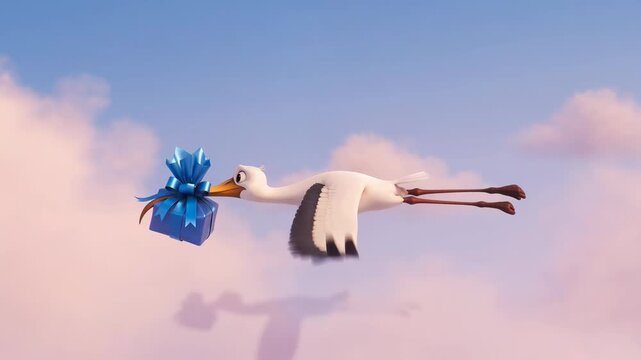 Cartoon stork flying delivering gift box against cloudy sky animated background perfect for baby shower celebration theme