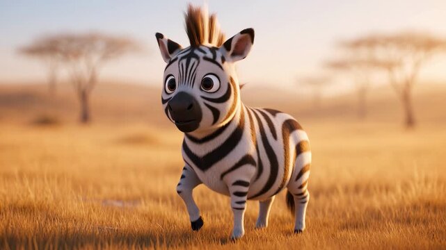 Cartoon zebra cub exploring the african savannah at sunrise with golden grass and distant trees