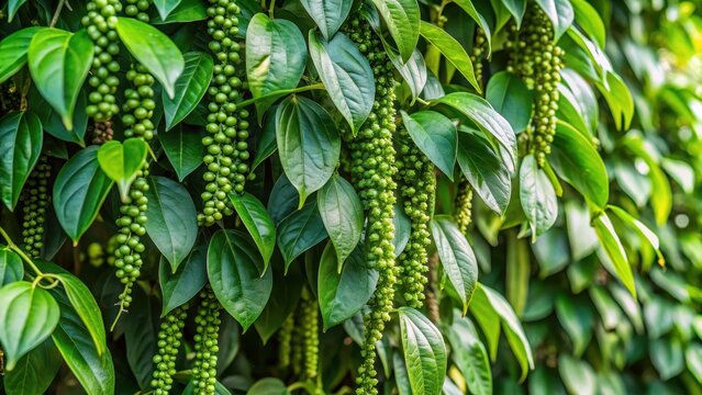 Mature black pepper tree wrapped in thick green vines with small white flowers