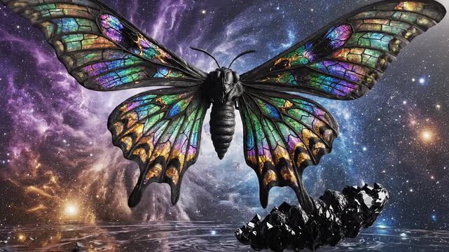 Alien insect emerging from cracked cosmic asteroid in space