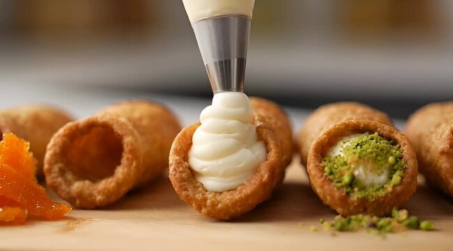 Cannoli filling process with custard cream and pistachio topping close up shot
